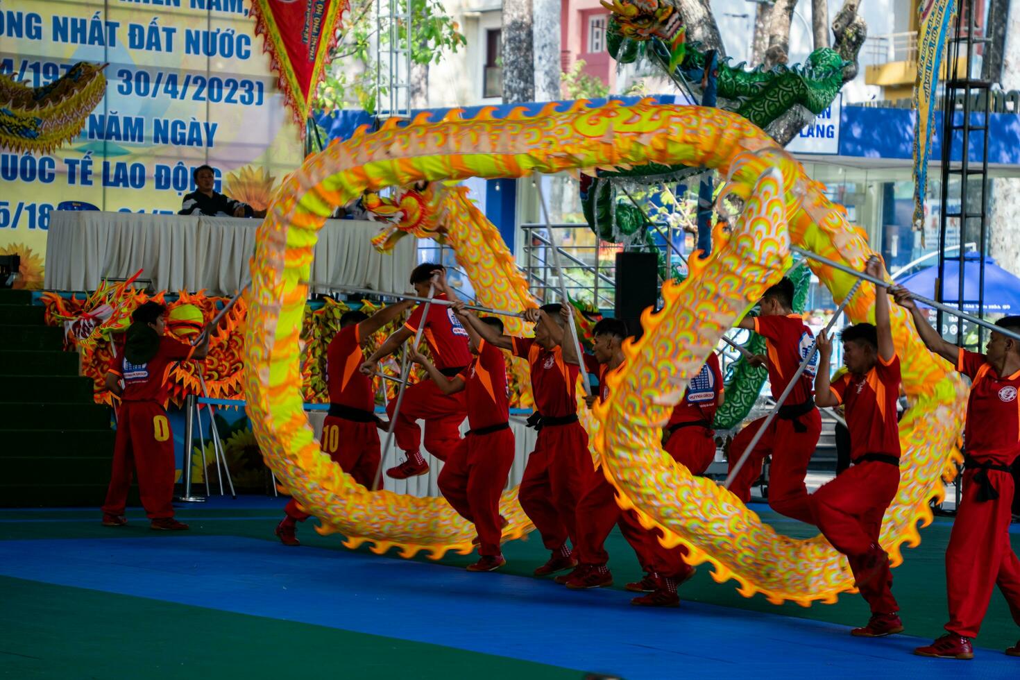 Ho Chi Minh, Viet Nam - 22 April 2023 Dragon dance, celebrate the new year. At the park photo