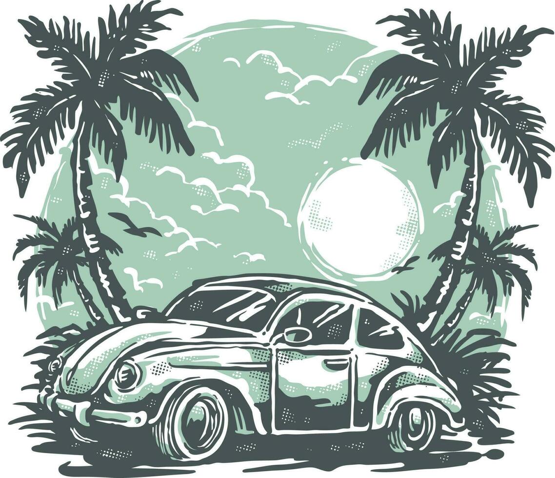 A vintage classic car vacation on the beach for summer vector