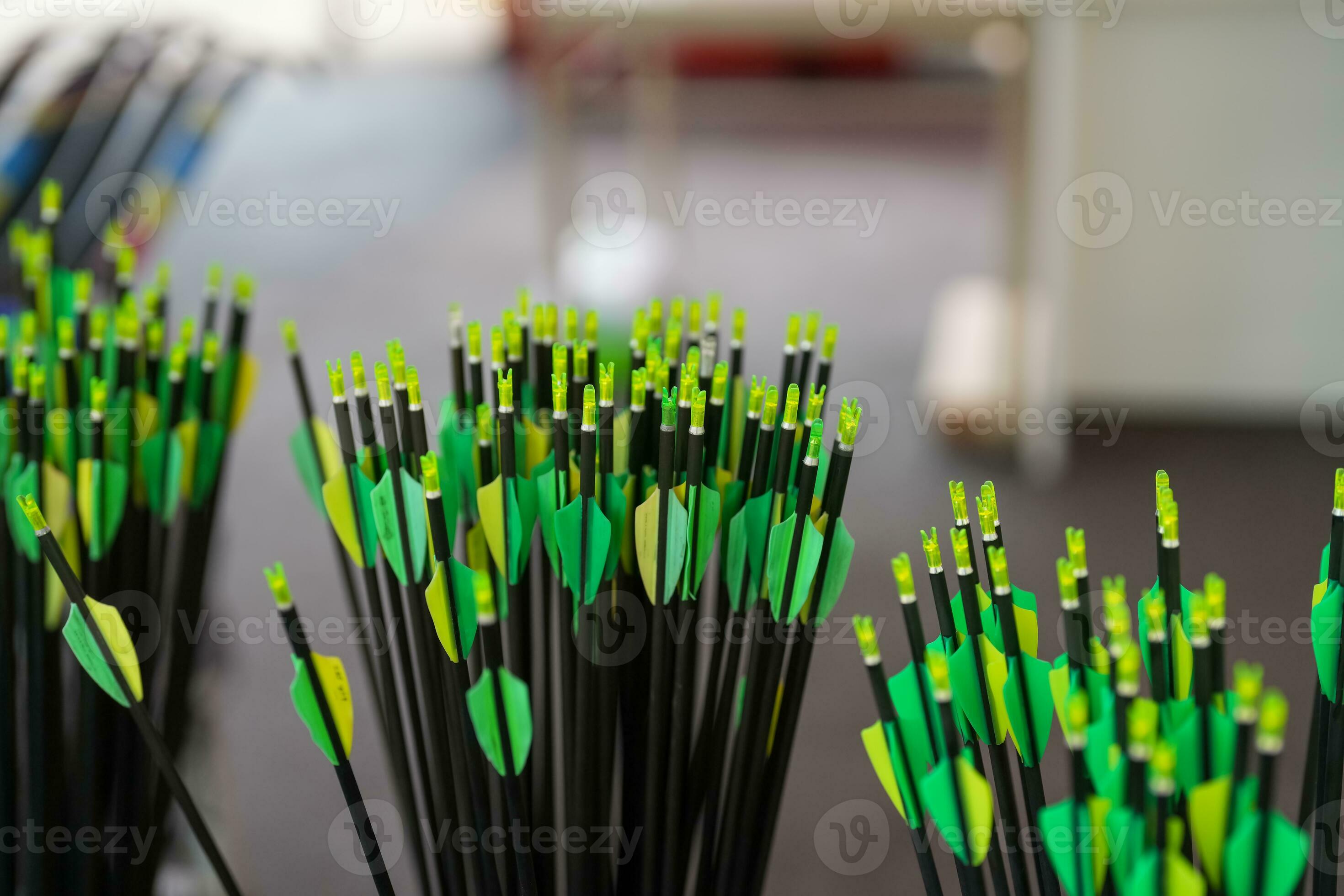 Colorful group of archery arrows shows fletching which are plastic
