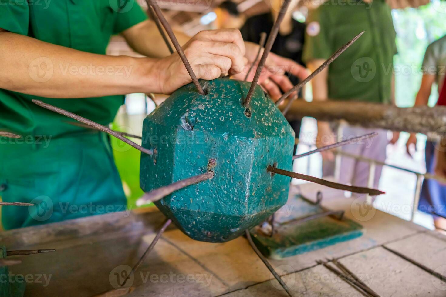 The Cu Chi tunnels. The staff showing use the trap in Cu Chi tunnels. It's used in Vietnam war. Famous tourist attraction in Vietnam. Stock photo