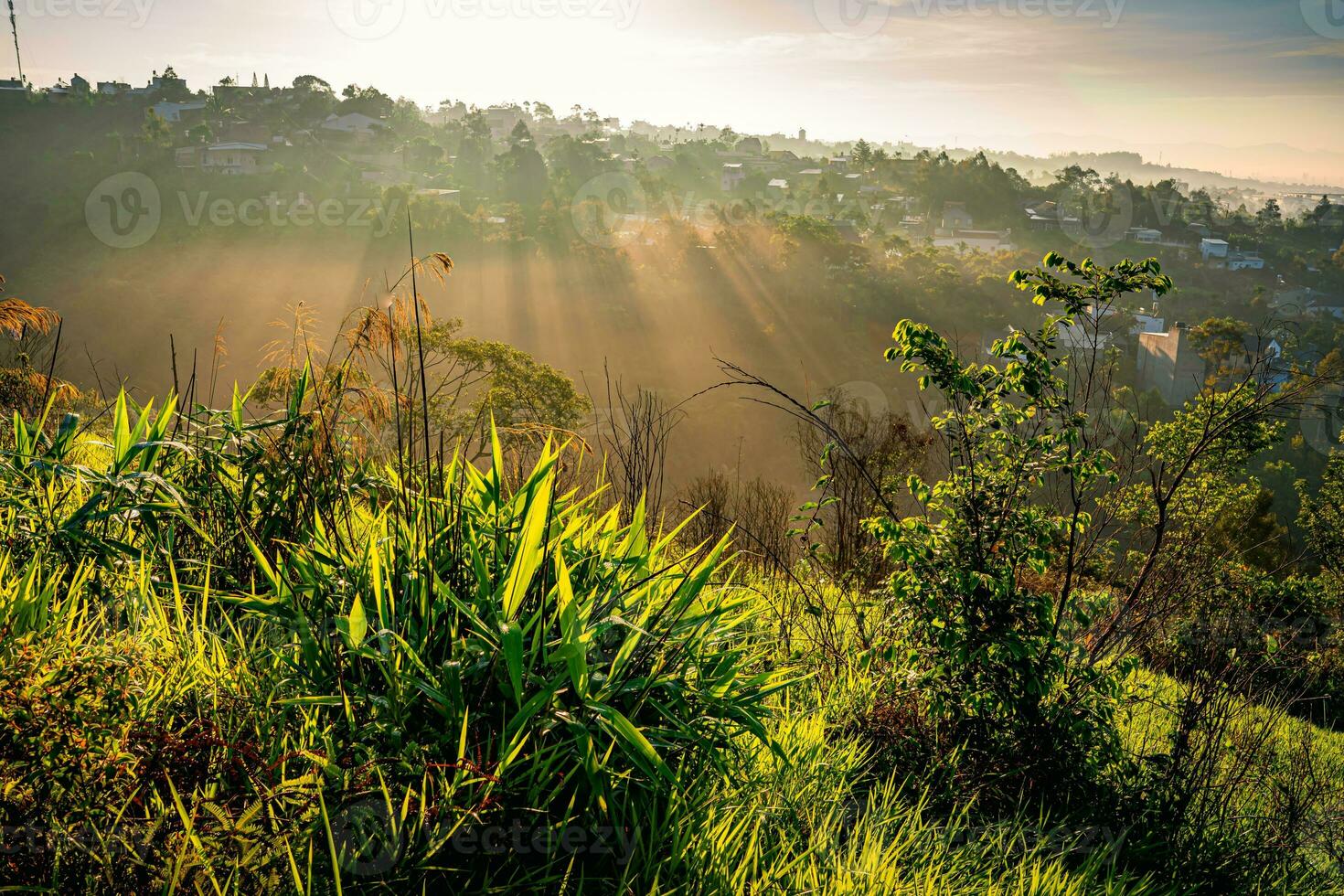 Golden light rays shining down to mountains. Sun rays over valley. Sun rays over hill photo