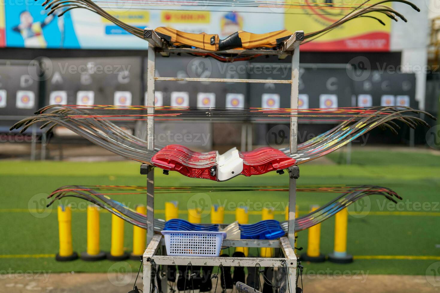 Close-up modern sport bow at shooting range for sports and entertainment. photo