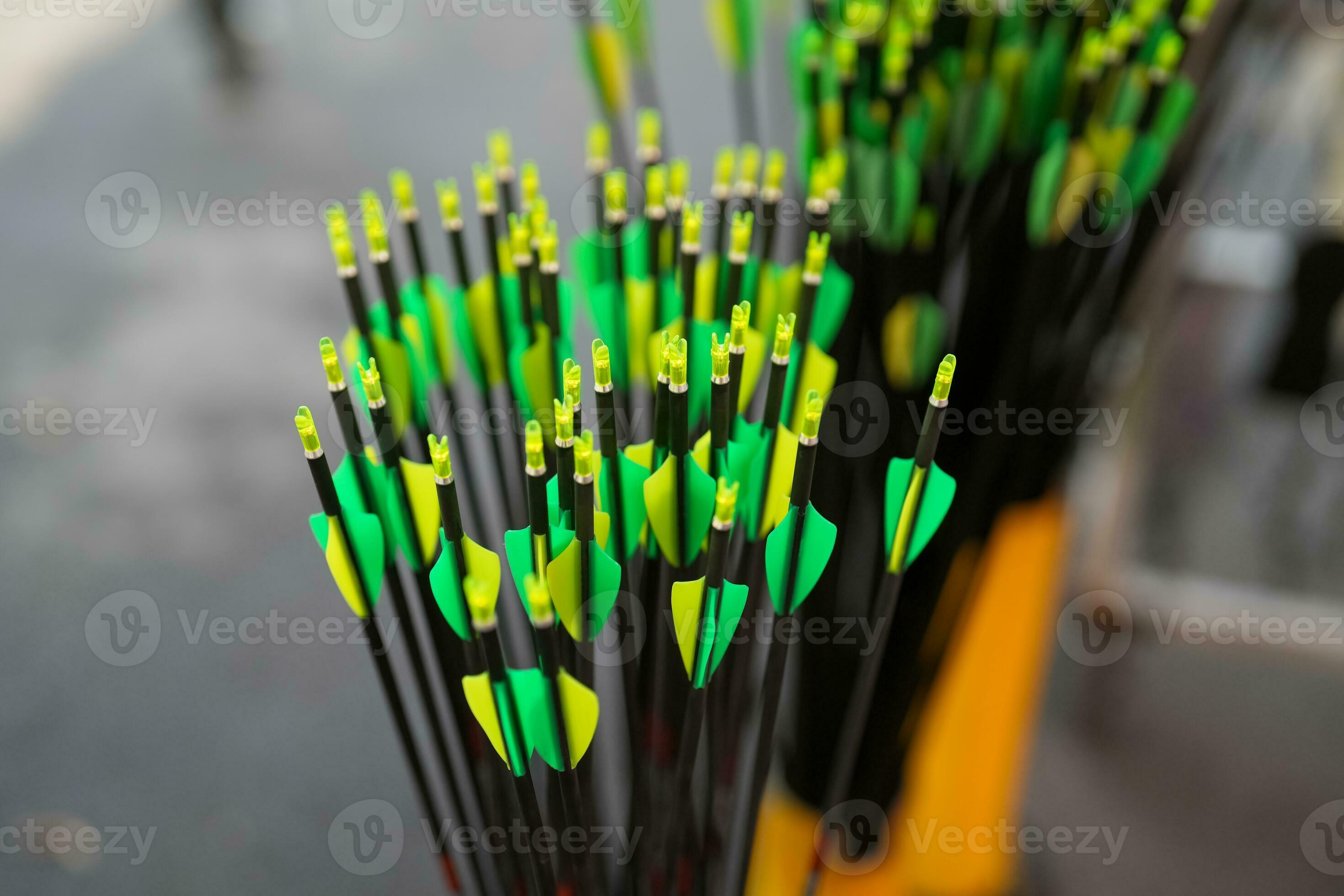 Colorful group of archery arrows shows fletching which are plastic