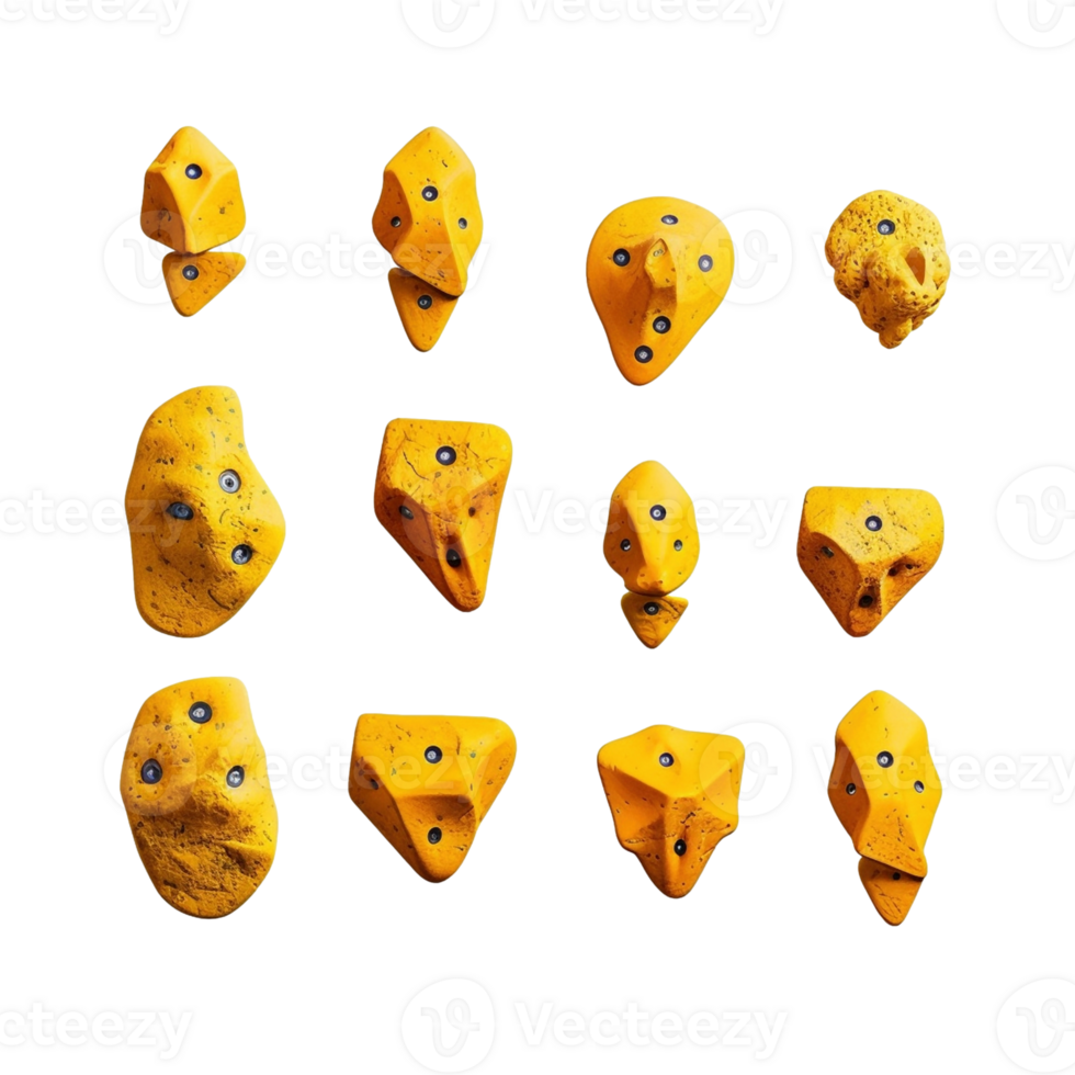 Set of yellow rock climbing holds isolated on transparent background, created with png