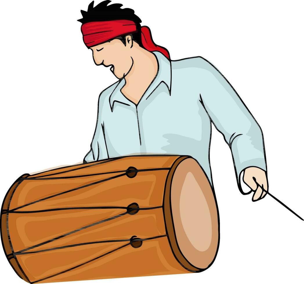 Young man playing drum, musical instrument. vector