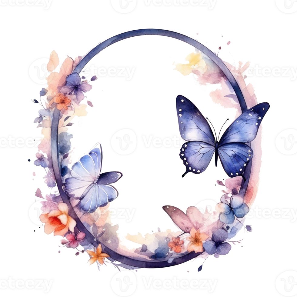 Watercolor frame with butterfly and flowers. Illustration png