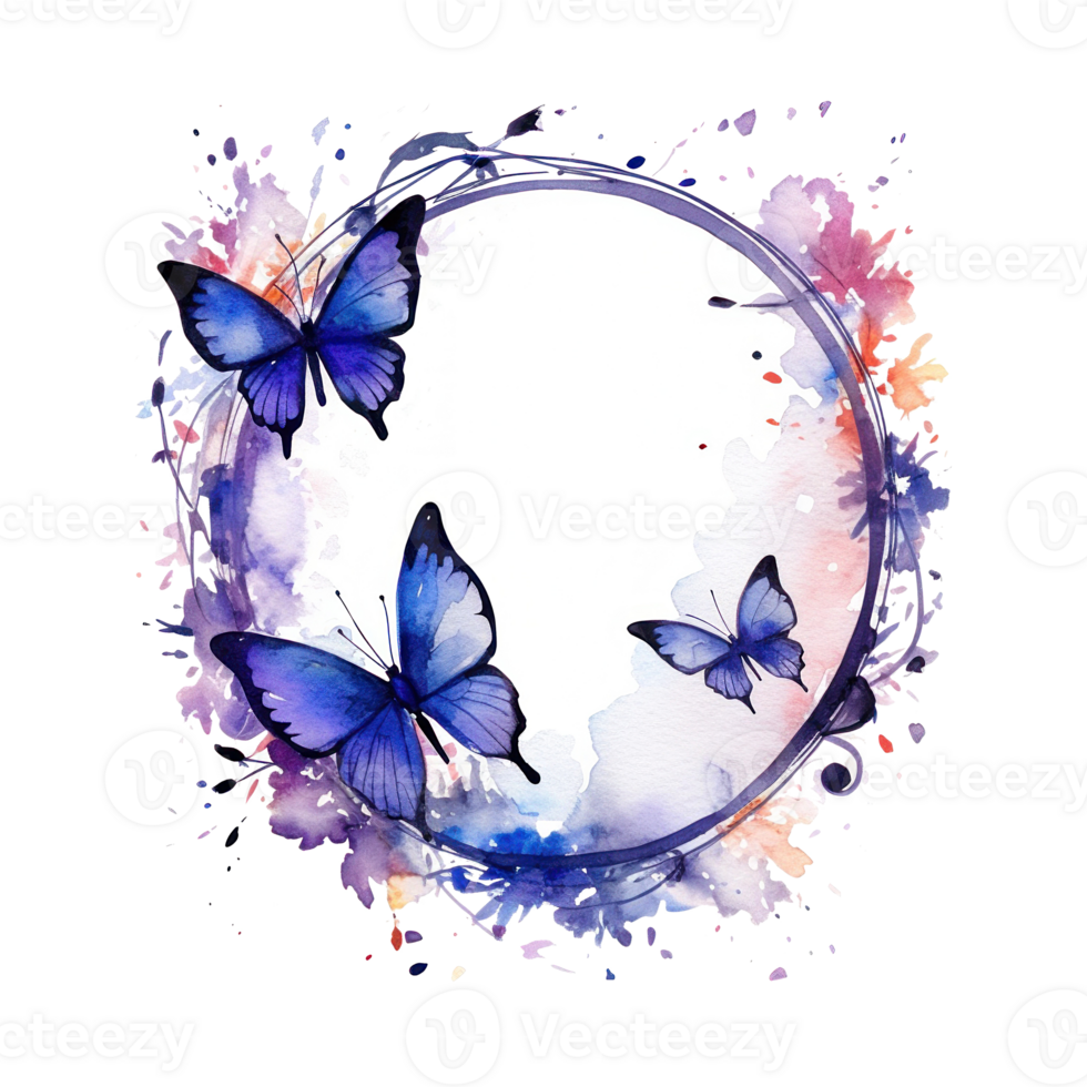 Watercolor frame with butterfly and flowers. Illustration AI Generative png