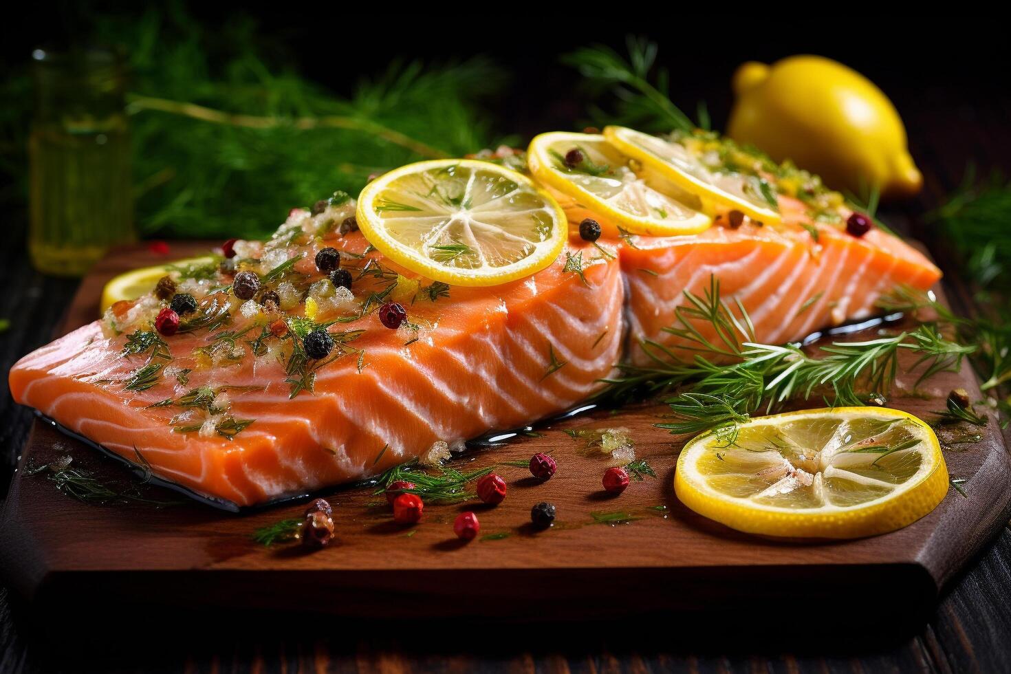 Fresco salmón carne con limón y hierbas aceituna petróleo en parte superior de un mesa en frente de un oscuro fondo, generativo ai foto