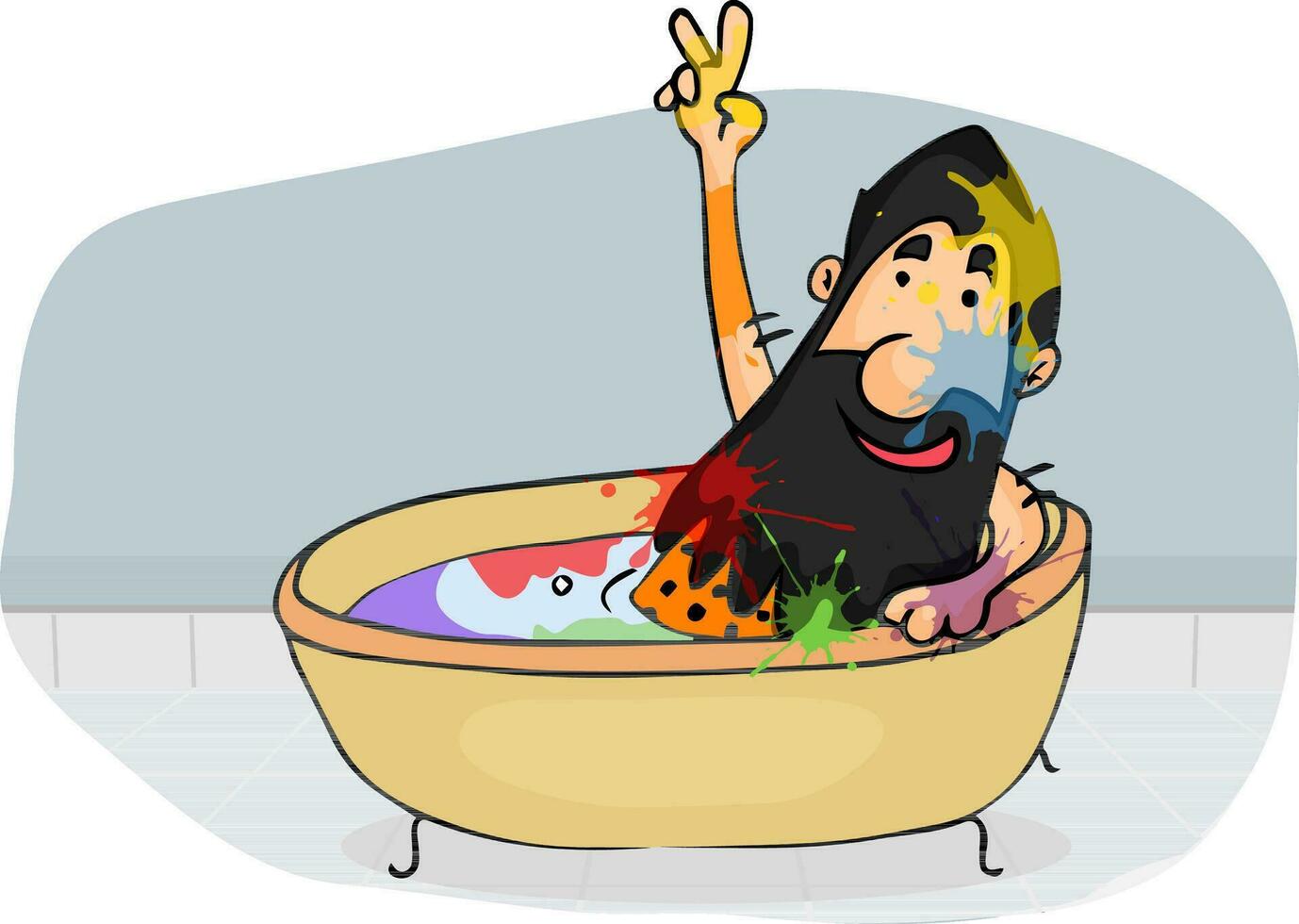 Funny caveman sitting in a tub. vector