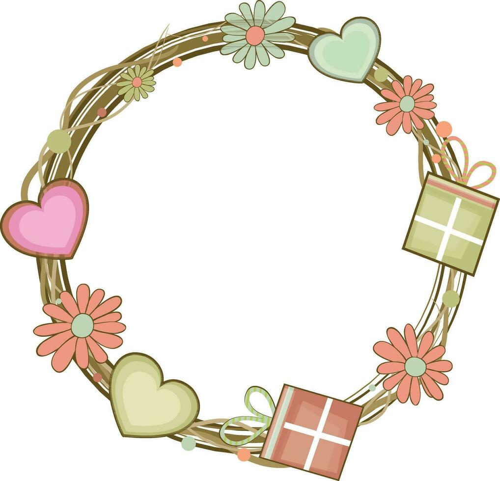 Flowers, hearts and gifts decorated circular frame. vector