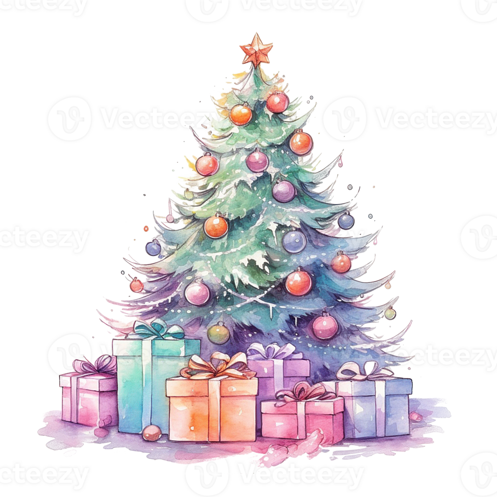 Watercolor Christmas Tree with Gifts. Illustration AI Generative png