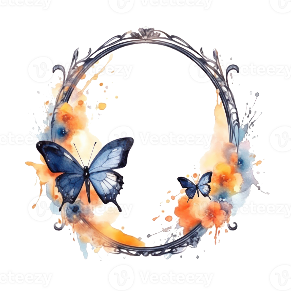 Watercolor frame with butterfly and flowers. Illustration png