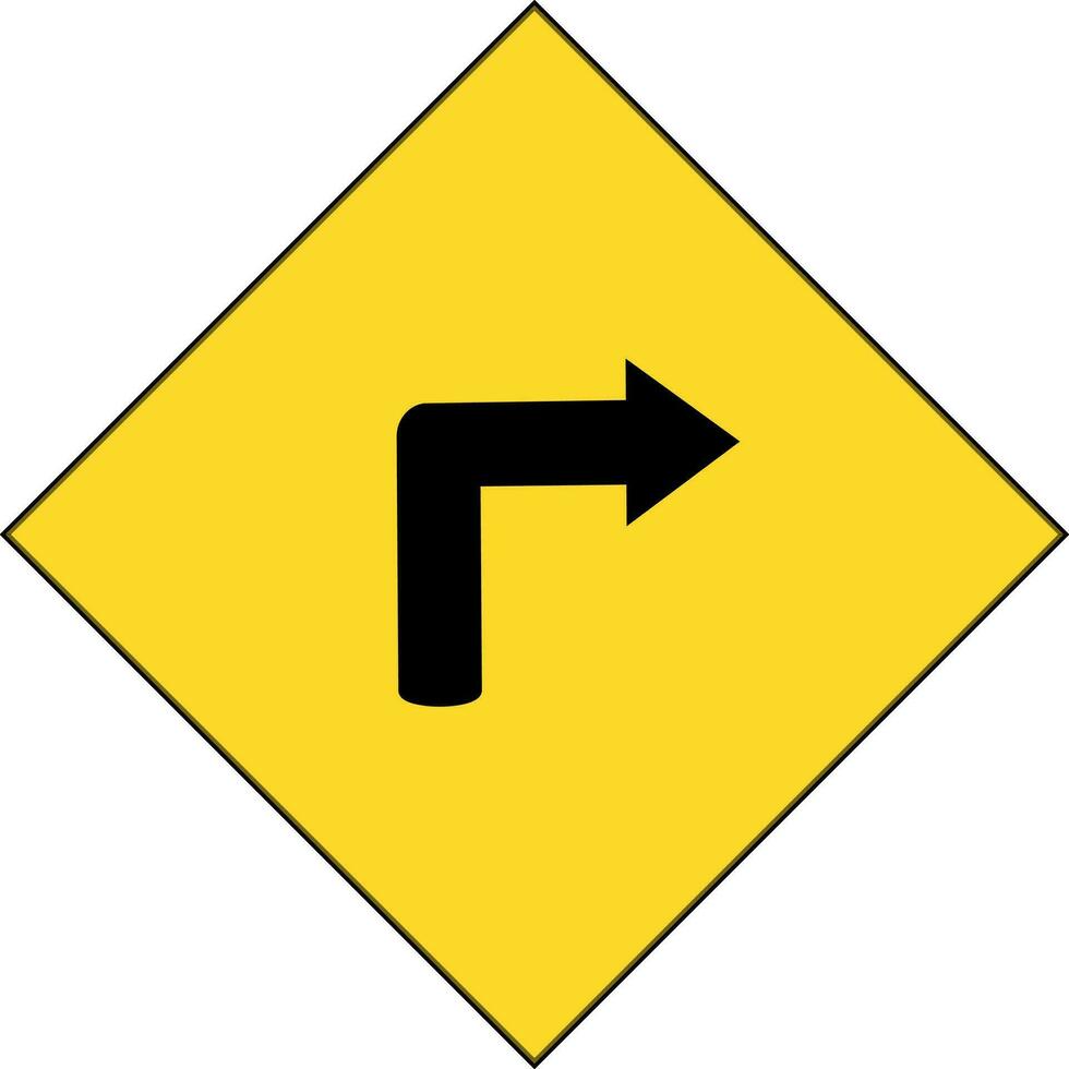 giro Derecha la carretera firmar en negro y amarillo color. vector