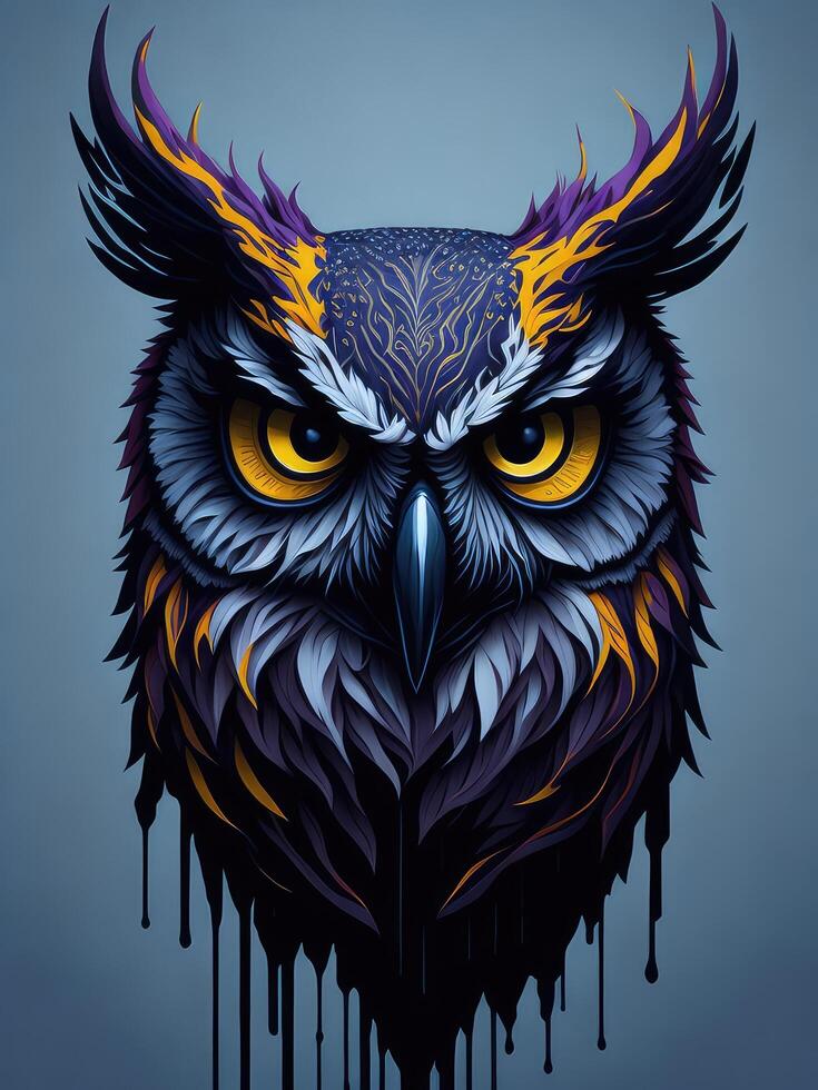 Illustration of an owl with striking yellow eyes in a painting created with technology photo