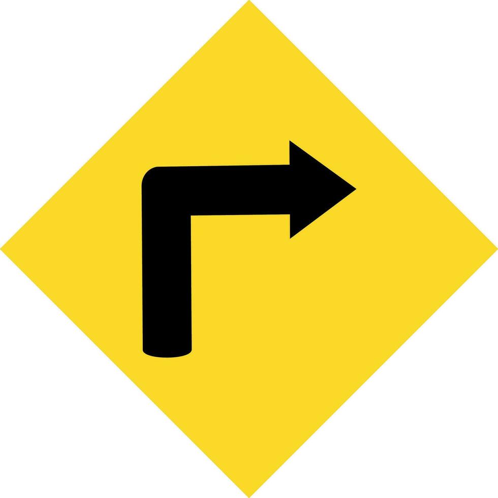 Turn right road sign in black and yellow color. vector