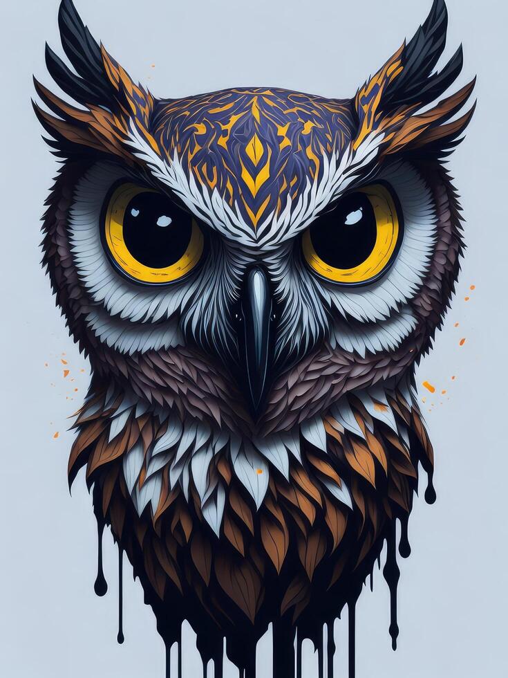 Illustration of an owl with striking yellow eyes in a painting created with technology photo