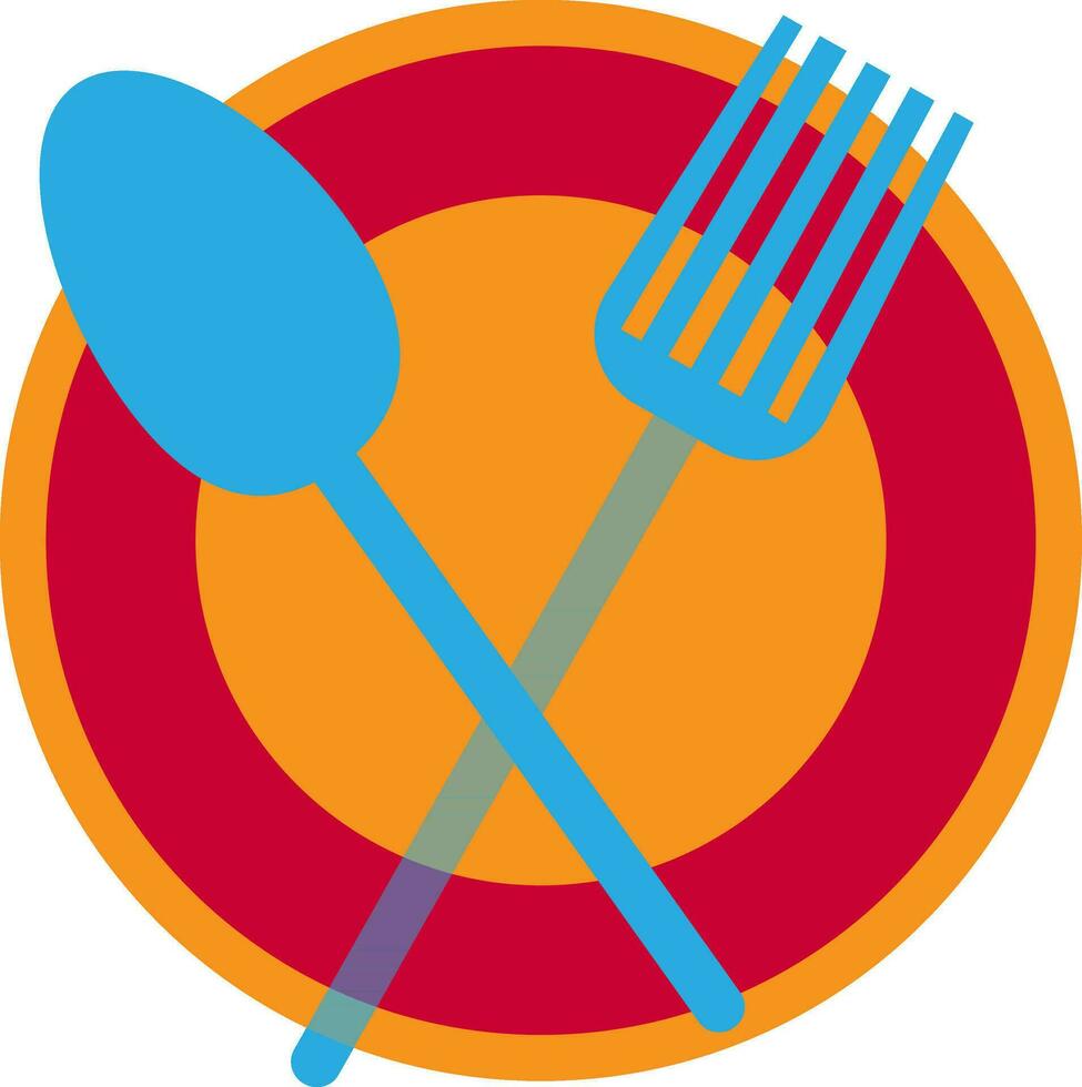 Blue fork and spoon on plate. vector
