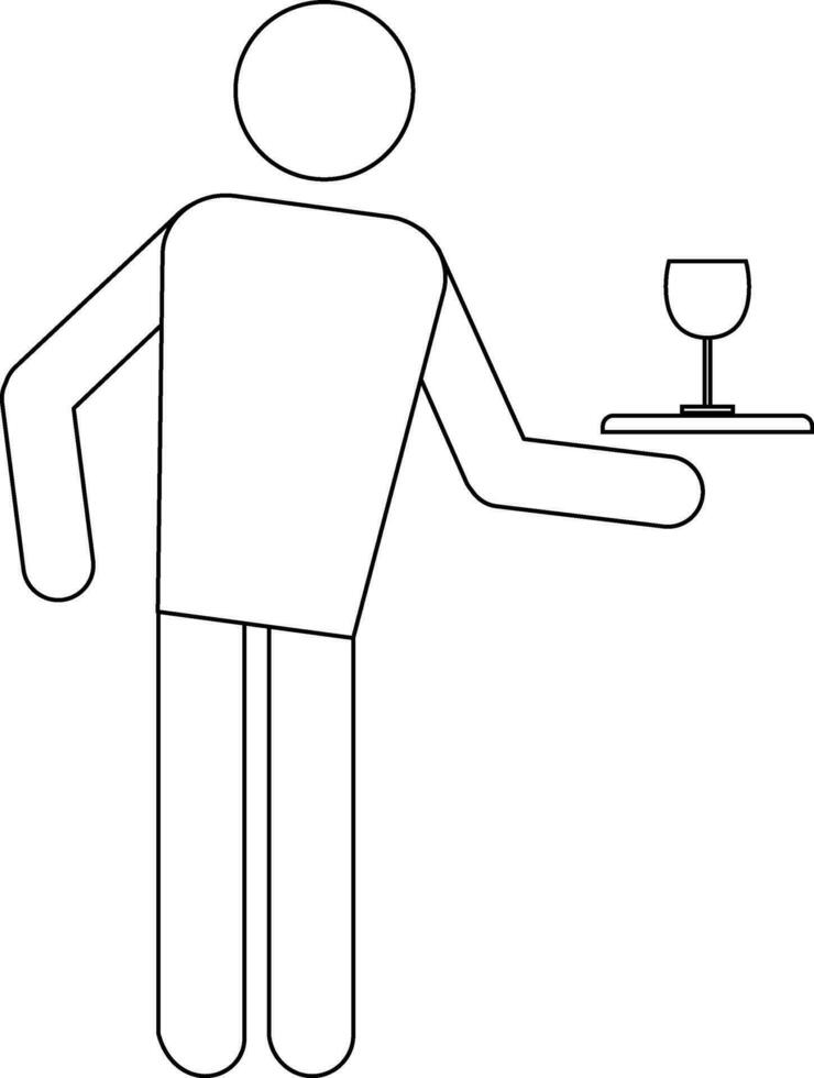 Waiter serving drink on a tray in black line art illustration. vector