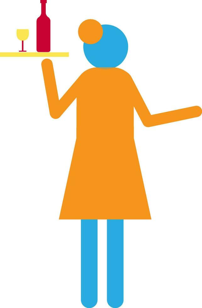 Character of woman holding cocktail glass and bottle on tray. vector