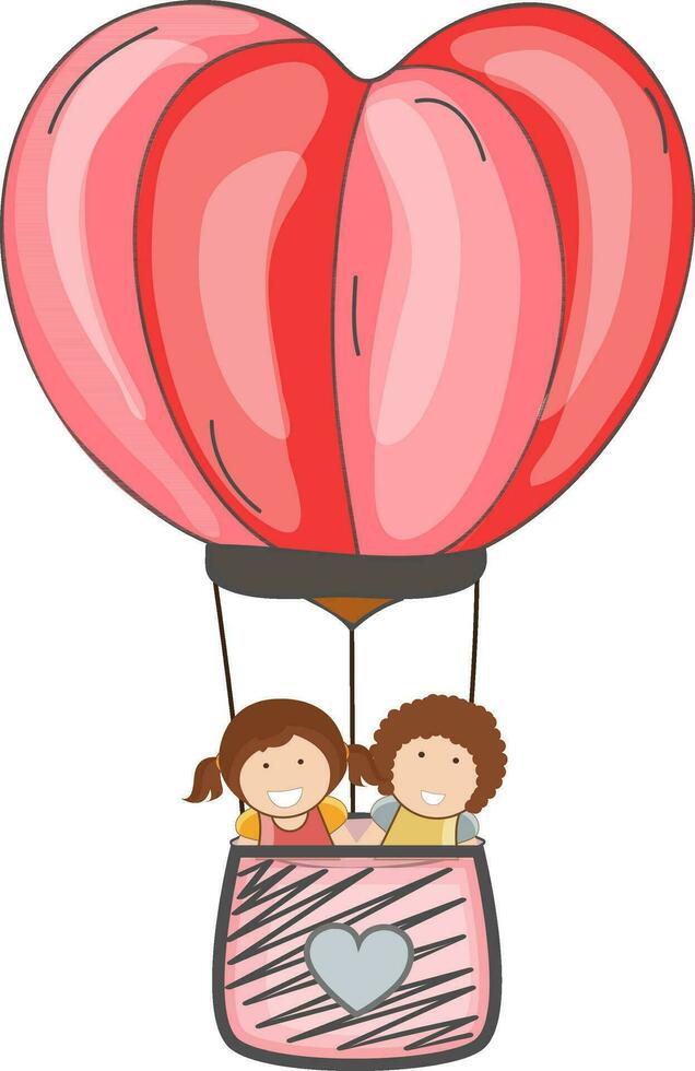 Heart shape hot air balloon with cute kids. vector