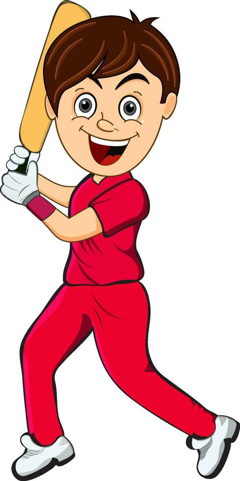 Happy batsman in red dress for Cricket. vector