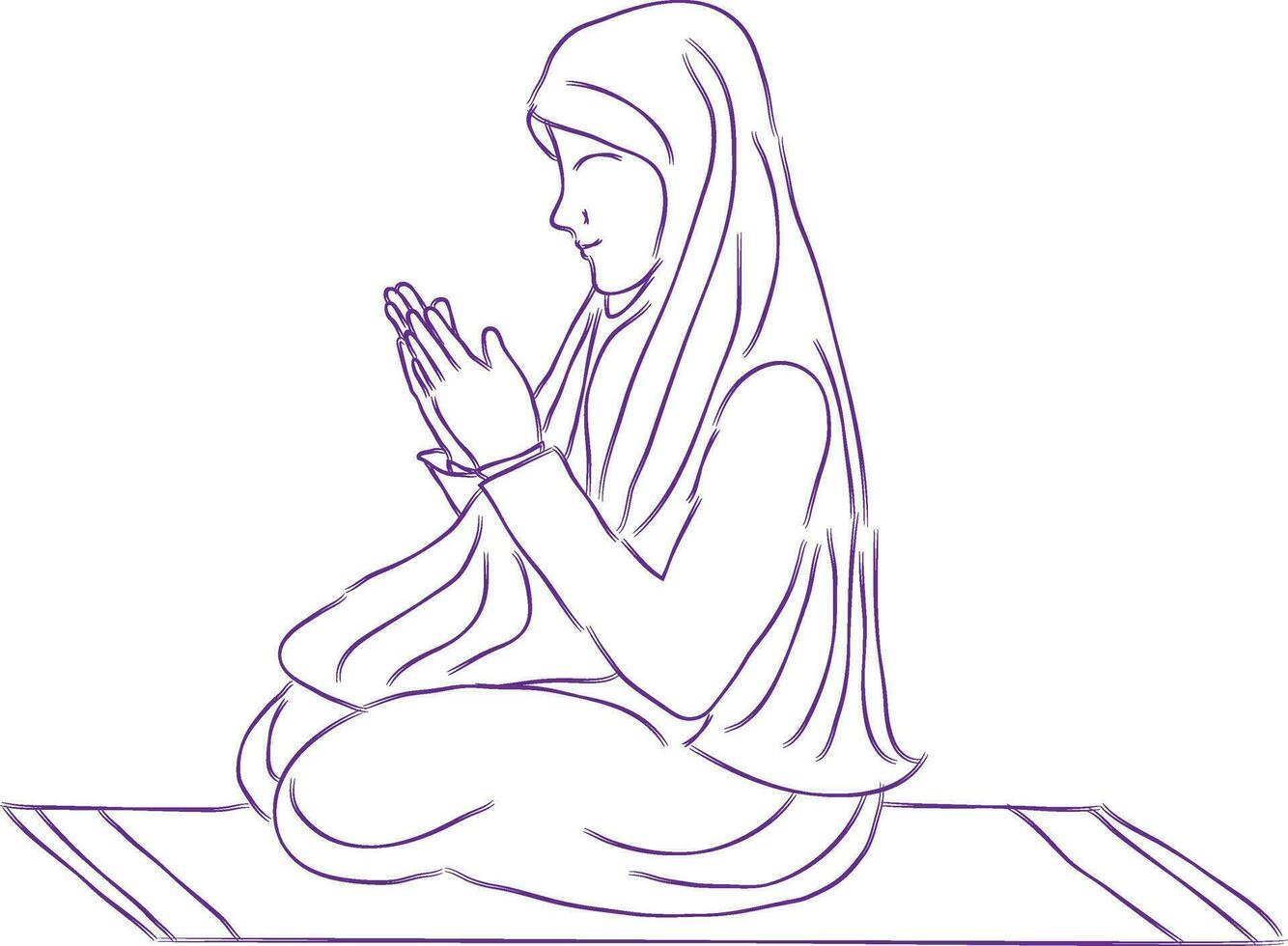 Line art illustration of muslim girl performing prayer. vector