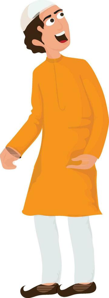 Happy muslim man wearing orange kurta and kopiah hat. vector