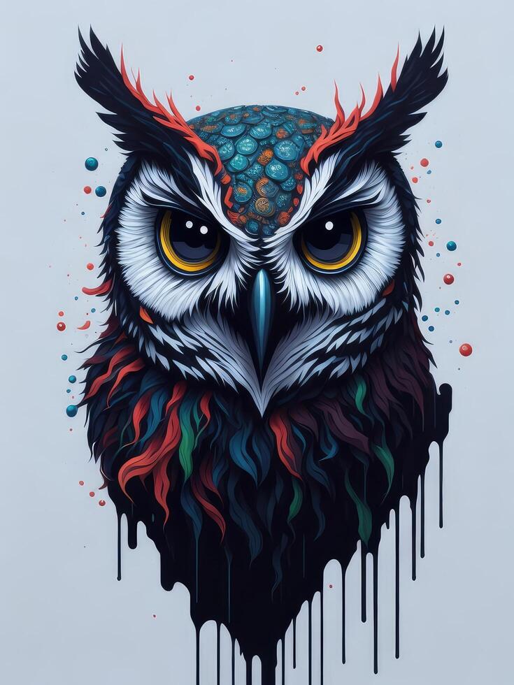 Illustration of an owl with striking yellow eyes in a painting created with technology photo