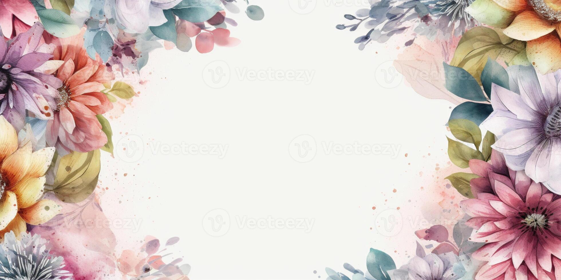 Watercolor style flowers border on white background. Created with Generative AI technology photo