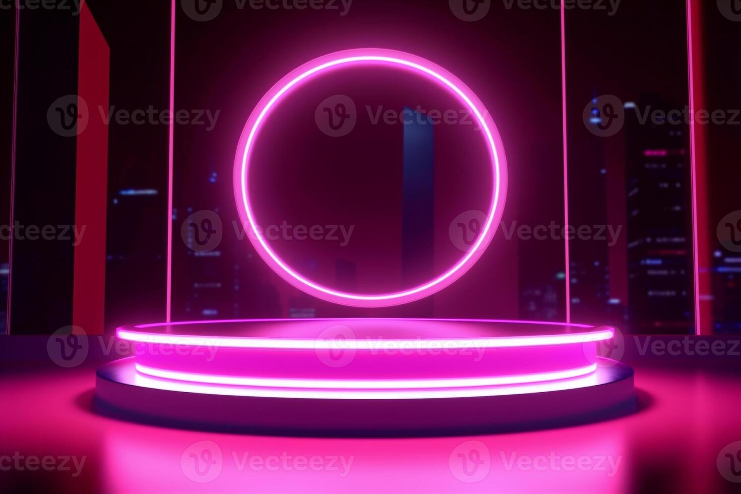 Pink neon light podium and circle decor with night city view backdrop. Cyberpunk style background template. Created with technology photo