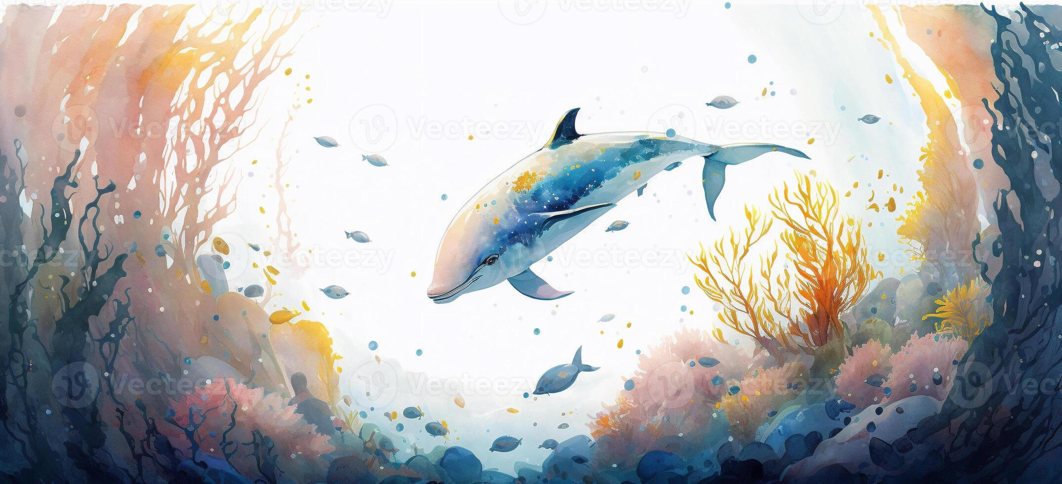 Watercolor painting of dolphin in beautiful ocean scene with fish and corals. Created with technology photo