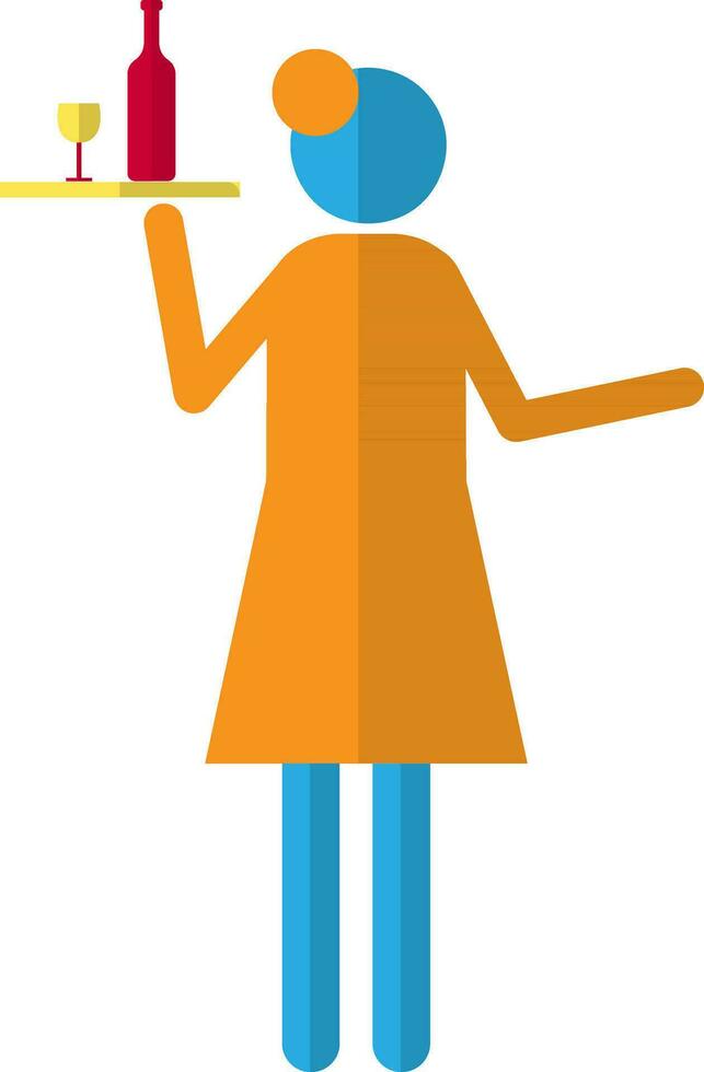 Character of woman holding cocktail glass and bottle on tray. vector