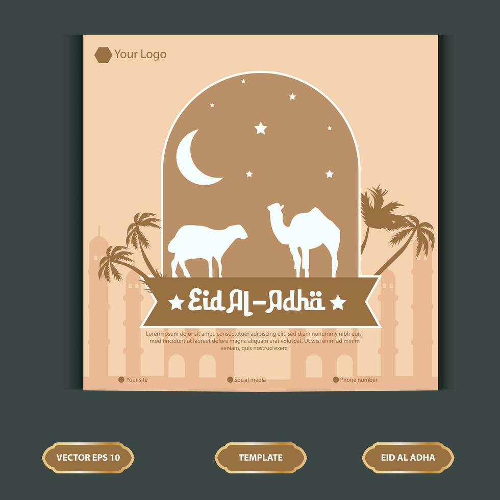 Set Eid al Adha Social Media Post Template. Idul Adha Greeting Card Vector Illustration with vector of sacrificial animals, and Arabic ornaments, mosques, lanterns, Muslims Background