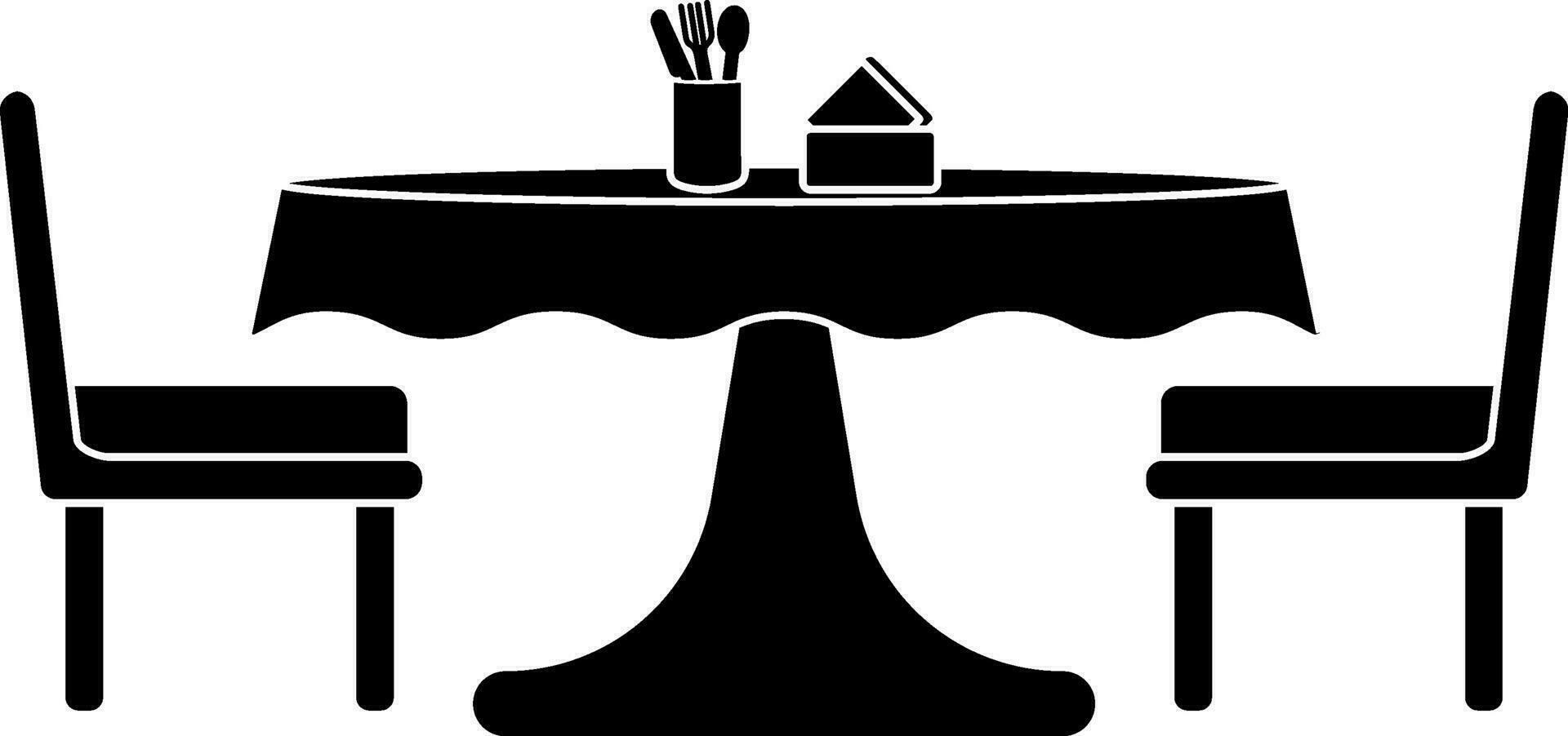 Chairs with table decorated with tissue box, knife, spoon and fork. vector