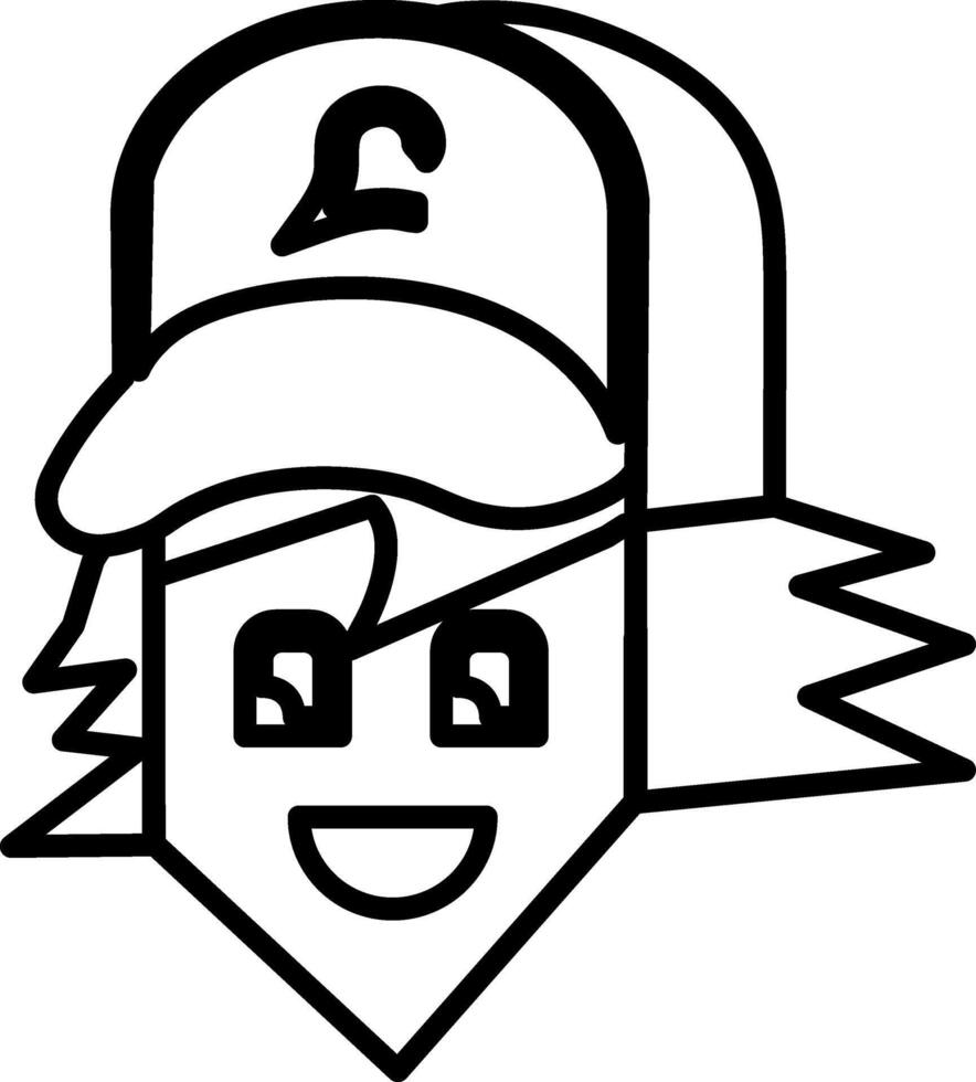 Character of a face player wearing hat in black line art. vector