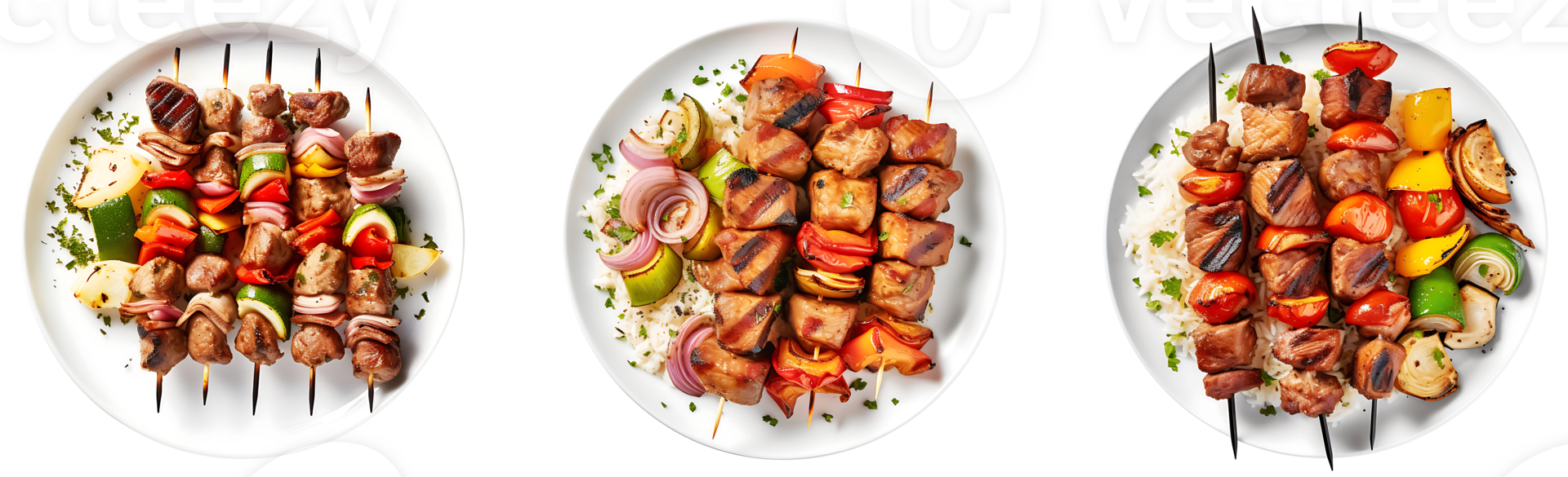 Turkish Shish Kabob on white plate, top view with transparent background, Technology png