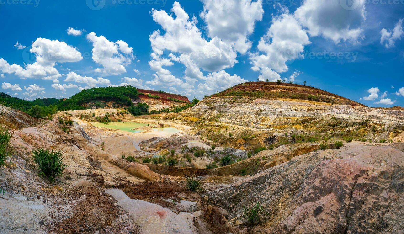 Abandoned ore mining mine with turquoise blue water photo