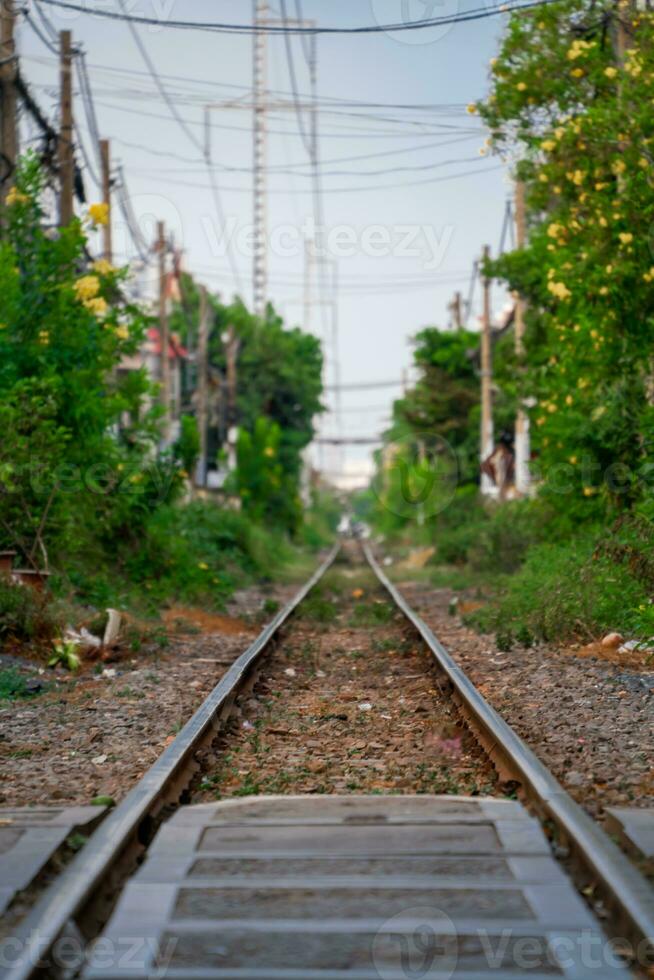 Incredible view of train passing through a narrow street, the Hanoi Old Quarter. Stock photo