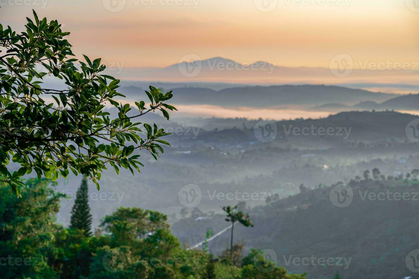 Mountain range with visible silhouettes through the morning colorful fog photo