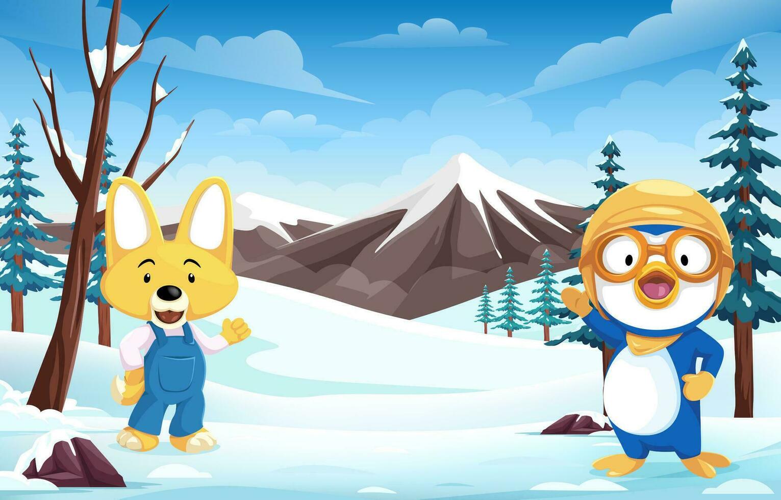 Blue Cute Penguin And Fox Friend Background vector