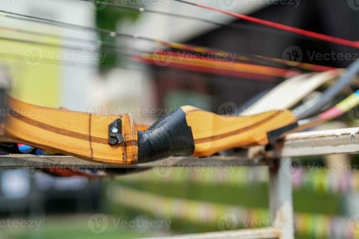 Close-up modern sport bow at shooting range for sports and entertainment. photo