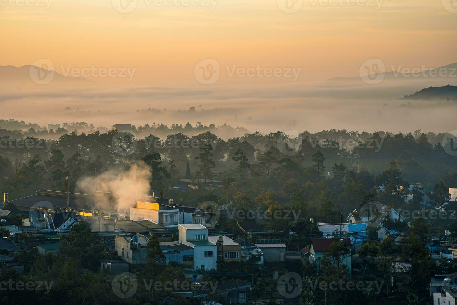 Mountains during dawn. Beautiful natural landscape in the summer time with fog photo