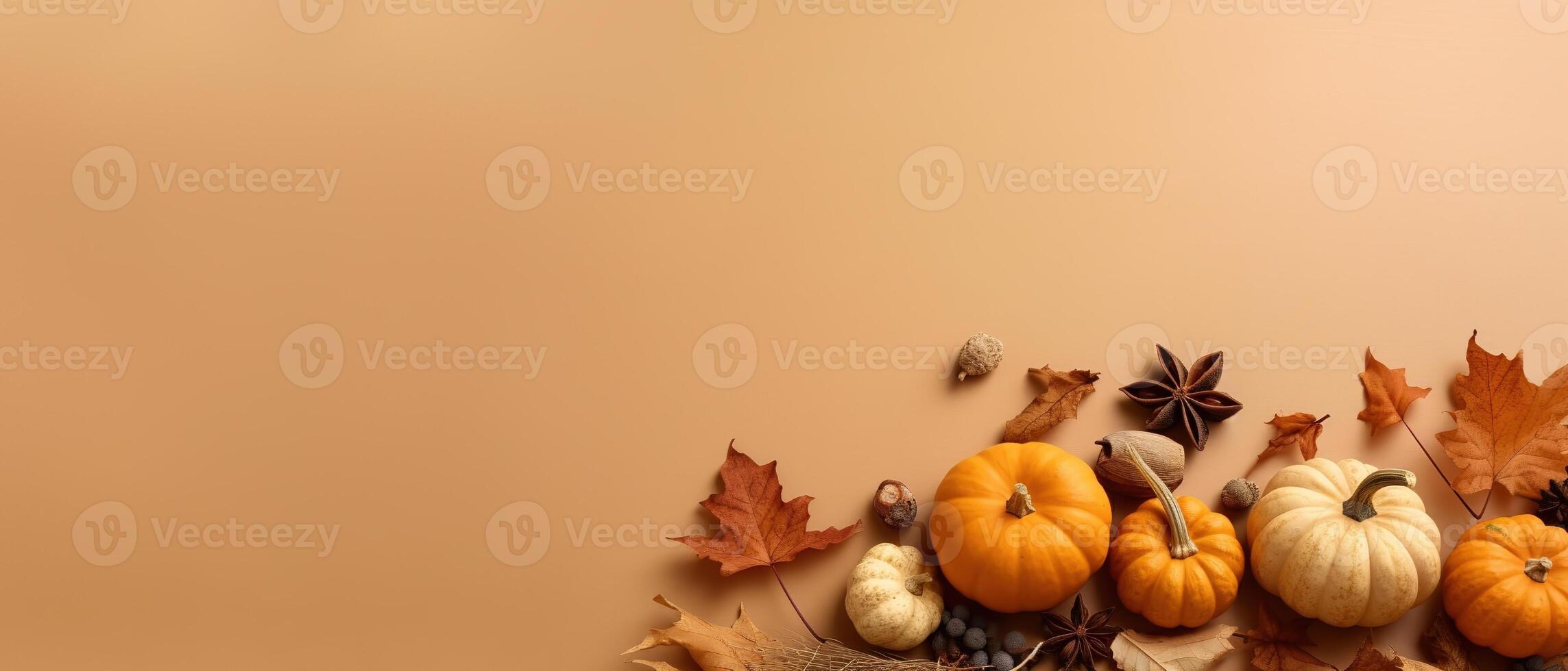 Festive autumn and Happy Thanksgiving decor from pumpkins, berries and leaves. . photo