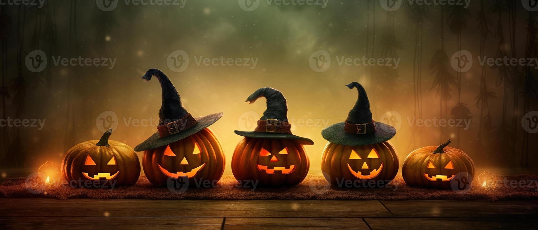 Happy Halloween. Halloween pumpkins. Wreath of halloween. Witch wearing hat. . photo