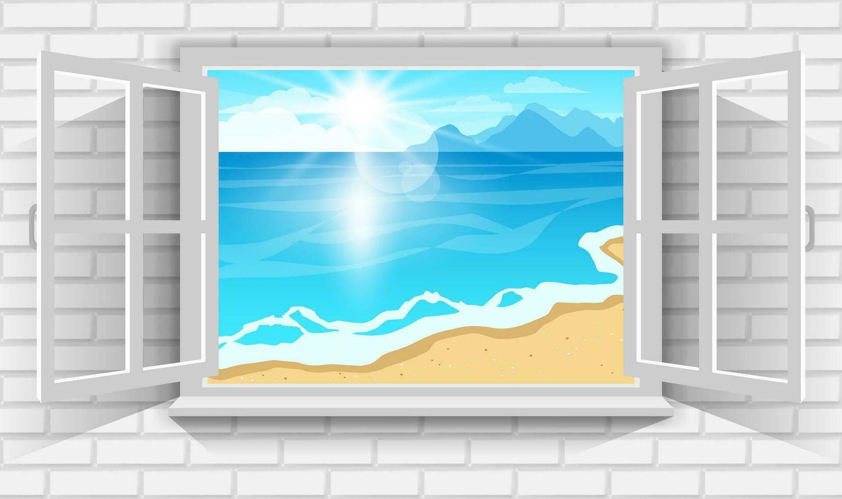 Vector illustration of beautiful summer landscape of sandy beach by the sea with bright sunlight through view of open window.