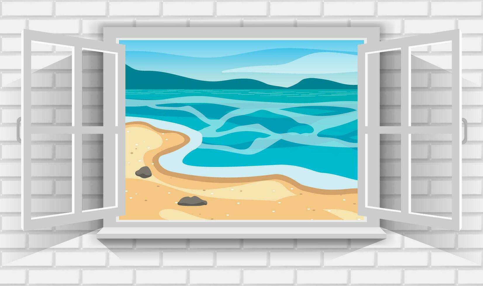 Vector illustration of beautiful summer landscape of sandy beach by sea through view of open window.