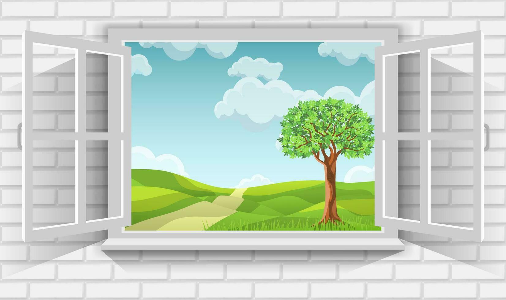 Vector illustration of beautiful scenery of green fields in countryside through view of open window.