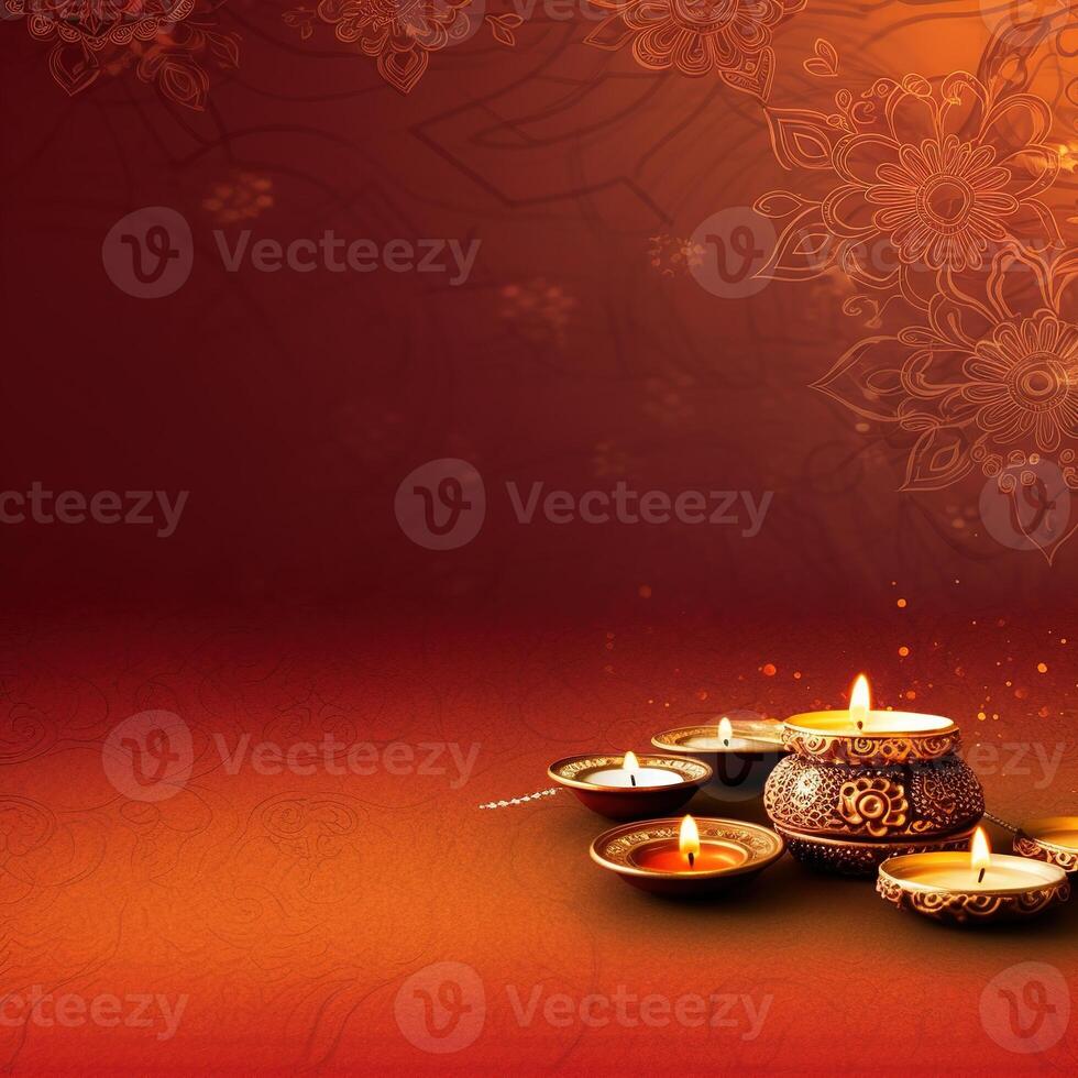 Illustration of Diwali festival Diya Lamp with rangoli at the bottom. . photo