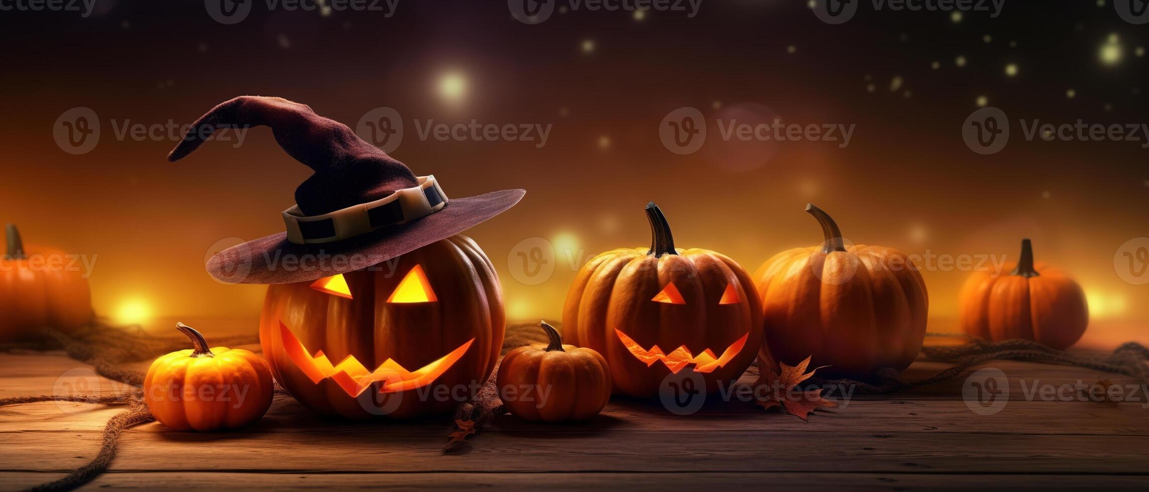 Happy Halloween. Halloween pumpkins. Wreath of halloween. Witch wearing hat. . photo