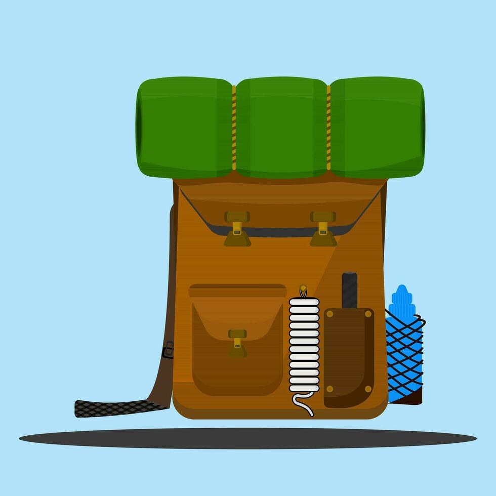 Hiking, Camping backpack for tourist or traveler in flat vector illustration design